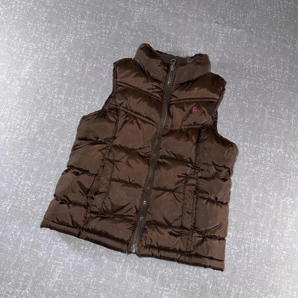 Old Navy Vest Girls Small Brown Puffer Fleece Lined Quilted Zip Fall Winter